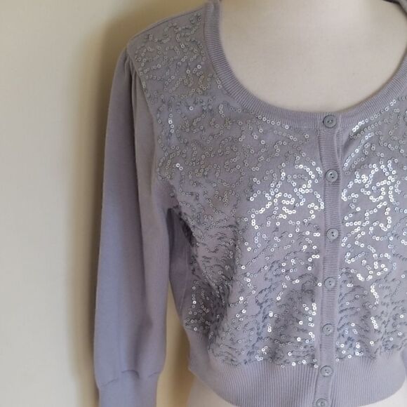 Grey cropped button down Sequin Cardigan,3/4 Slv,S - Picture 2 of 6